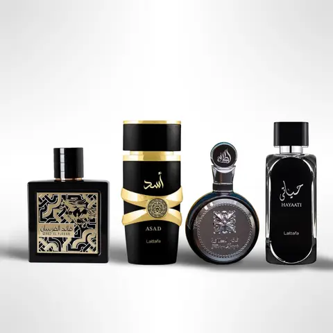 Lattafa 4-Piece Perfume Gift Set for Men, Concentrated EDP Fragrance Blend with Hayaati, Fakhar, Qaed & Asad, Woody Spicy and Pure Musk Scents, 4 x 100ml (3.4 oz), Concentrated Perfume