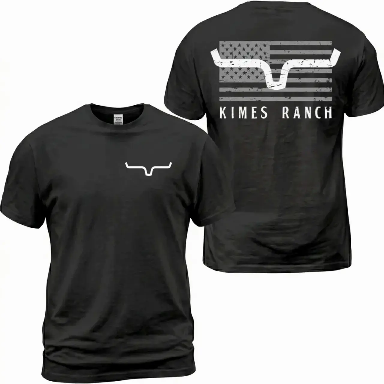 Oversized Two-Sided Western Bull Horn Flag Tee, Lightweight Cotton Vintage Distressed American Flag Graphic Short Sleeve T-Shirt, Black Minimal Country Basic Top, Viral Trendy Ranch Gift For Cowboy & Western Patriotic Culture Lovers