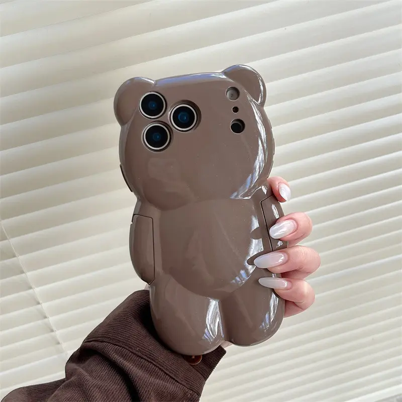 Cute Cartoon Dark Red-Brown Bear Case Casing For iPhone 17 16 15 14 13 12 11 Pro Max Full-Coverage Shock-Resistant Protective Case Shockproof Smartphone Cover protective cellphone cover Accessories