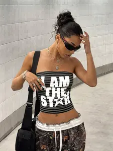 Striped 'i Am the Star' Letter Print Strapless Stretchy Tube Top, Y2K Street Style, Fitted Short Cut, Perfect for Parties and Festivals