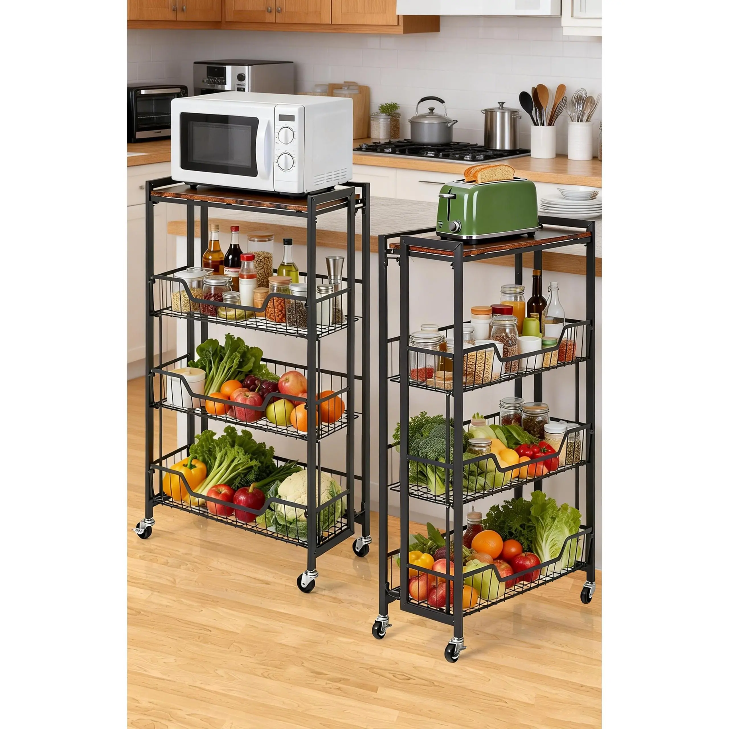 Garvee 4-Tier Folding Rolling Kitchen Storage Shelf Cart, Pre-Assembled Heavy-Duty 100 lb Capacity, Removable Shelves, Locking Casters, Space-Saving Pantry Organizer - Standard