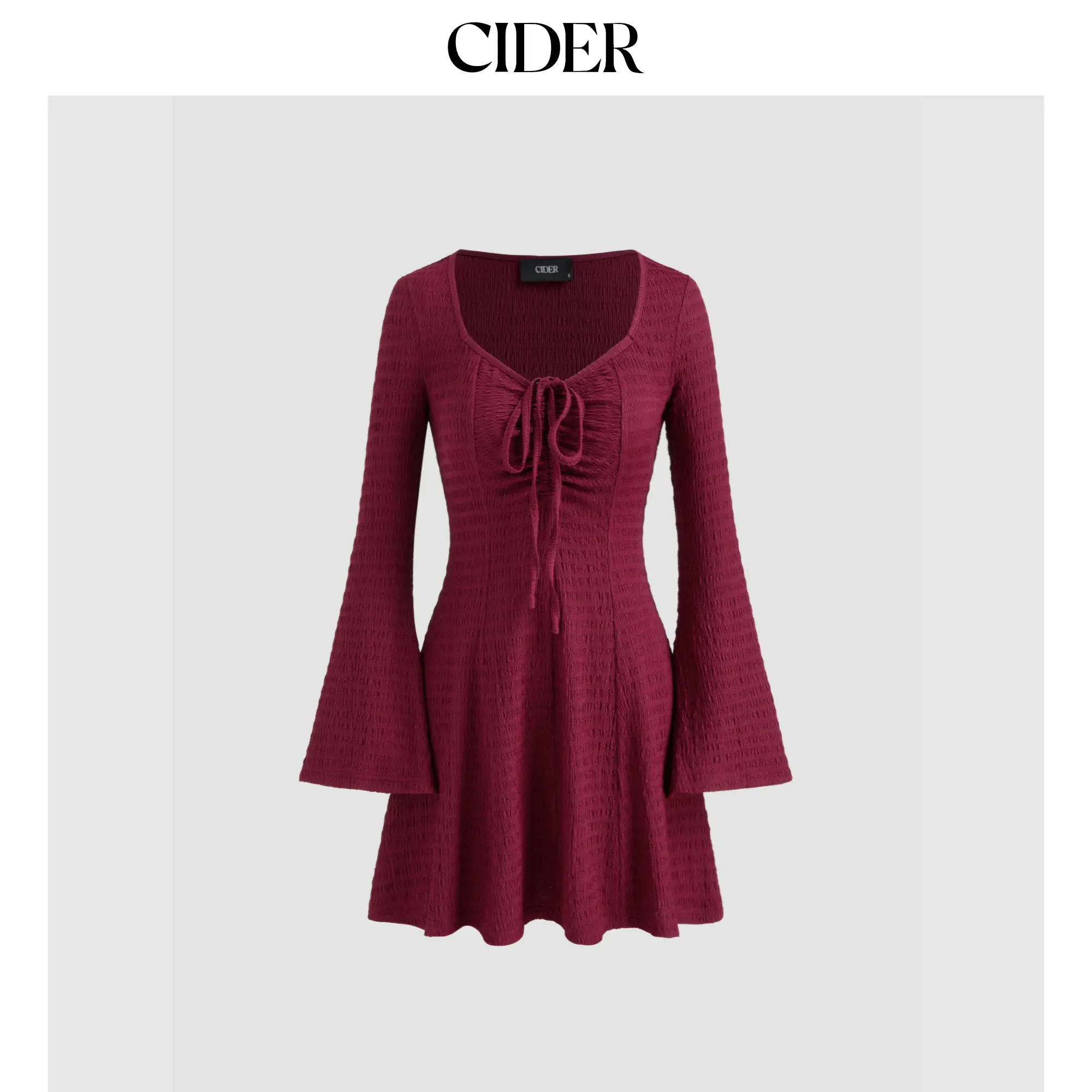 Cider [size 0-26] V-neck Solid Knotted Long Sleeve Mini Dress
