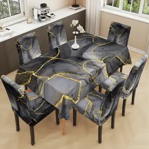 2/5/7PCS restaurant chair cover tablecloth, black gold-plated printed table and chair protective cover, elastic polyester fiber sliding cover, dirt resistant, sewn closed, detachable cleaning, suitable for home, office, Dining Chair Cover