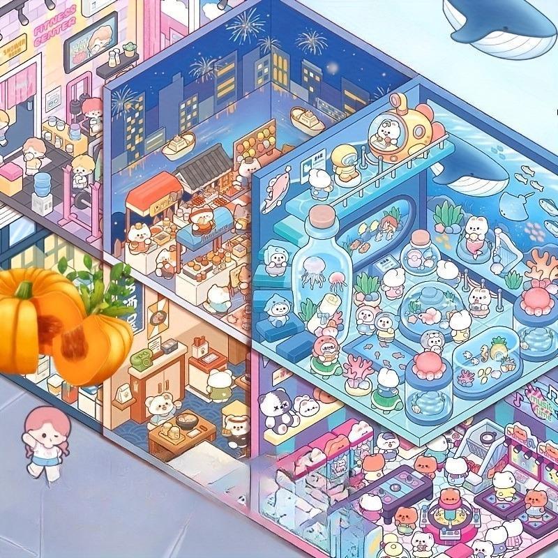 [Realize Sticker Freedom Here] 20 Scenes + 25 Stickers Microscopic Scene Collection Book Set, 3D Vision Scene Stickers, DIY Stickers, Micro Small Houses, Micro Stickers Kit Self-Adhesive Rhinestone Jewel Stickers Scrapbooking