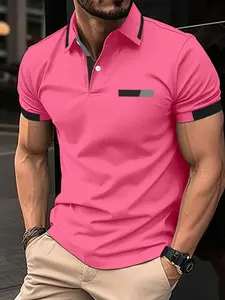 Men's Casual Polo Shirt with Fake Pocket Front, Turn-Down Collar Button-Up Business T-Shirt, All Seasons Wear