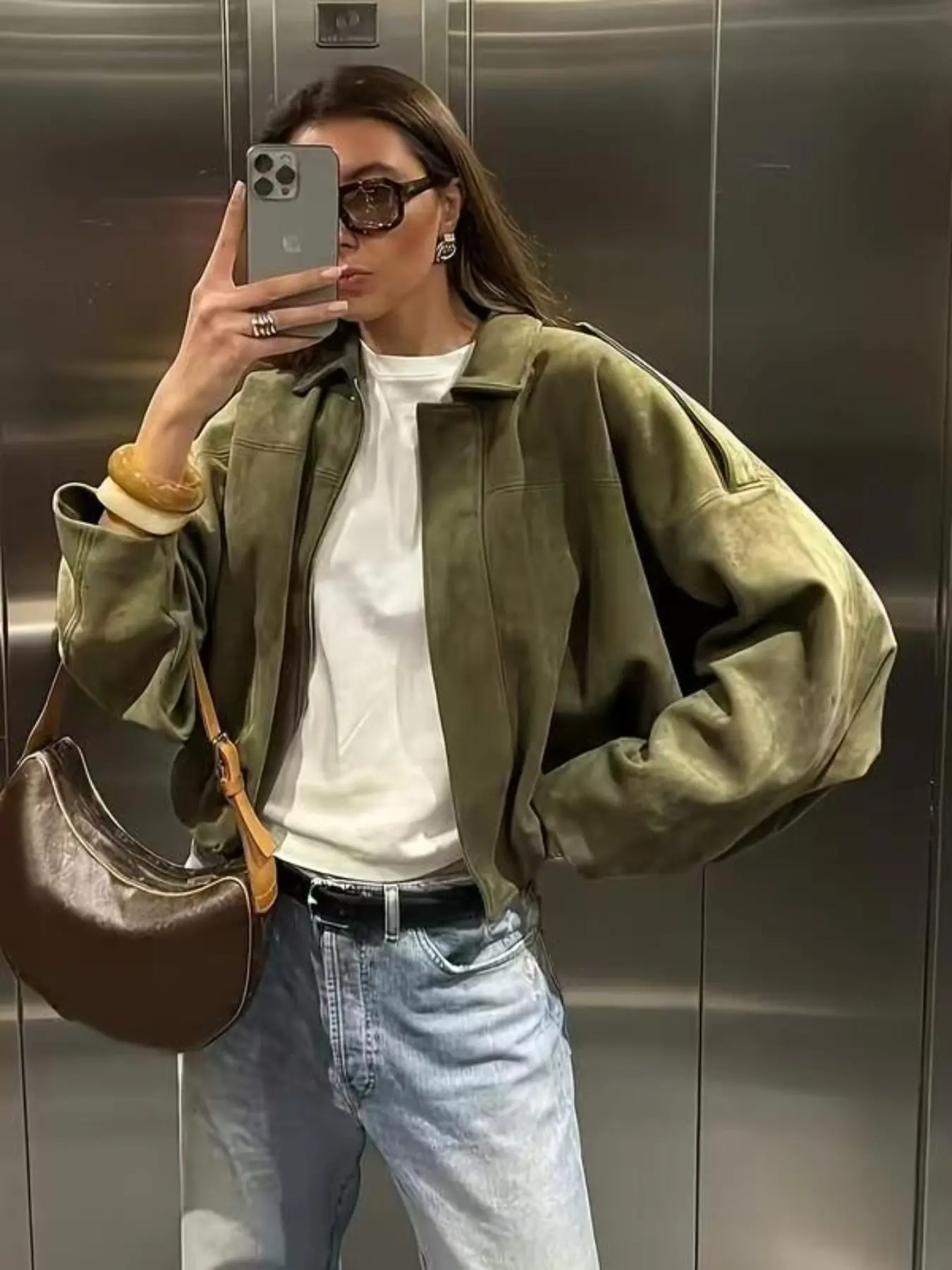 Women's faux suede oversized casual lightweight Bat bomber jacket Coats, Womenswear