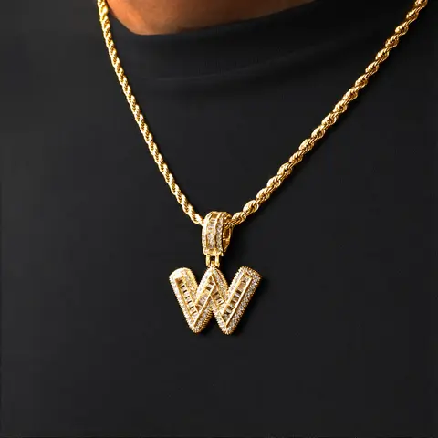 Customizable Initial Gold Necklace for Men - 18 Copper-Plated Jewelry with 5A+ Cubic Zirconia Micro-Inlaid Iced Out Letter Pendant, 24in Rope Chain, Hip Hop Bling, Initial Necklaces for Going Out, Practical Casual Classmates' Accessories