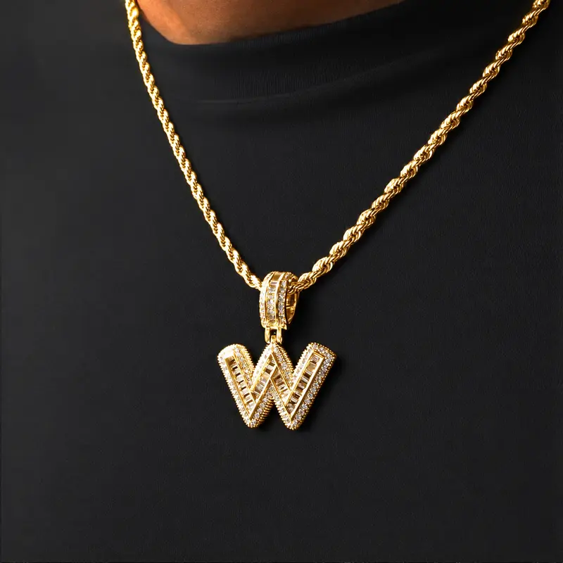 Customizable Initial Gold Necklace for Men - 18 Copper-Plated Jewelry with 5A+ Cubic Zirconia Micro-Inlaid Iced Out Letter Pendant, 24in Rope Chain, Hip Hop Bling, Initial Necklaces for Going Out, Practical Casual Classmates' Accessories
