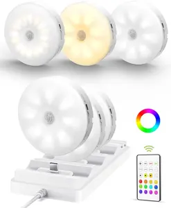 Under Cabinet Lighting with Charging Station, 1000mAh Rechargeable Puck Lights with Remote, 3 Color Temps & 12 RGB Closet Lights, Dimmable Motion Sensor Lights for Shelf, Kitchen (6 Packs)