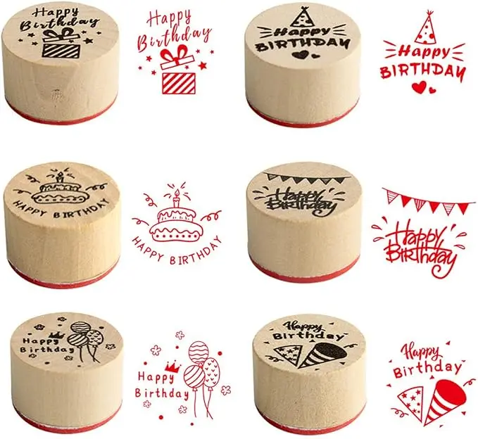 Happy Birthday Wooden Stamp Set, 6 Pcs Rubber Stamps | 6 cute wooden rubber stamps with birthday themes. Ideal for card making and scrapbooking. A great gift for craft lovers.
