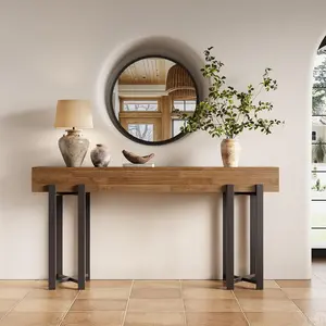 LITTLE TREE 63-Inch Console Table for Entryway, Farmhouse Behind Couch Table, Minimalist Sofa Table for Living Room, Long Wooden Hallway Foyer Table with Black Metal Frame, Oak