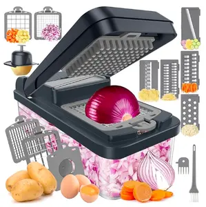 12-in-1 Vegetable Chopper Kitchen Gadgets with 7 Blades Veggie Food Onion Chopper Cucumber Slicer Versatile Mandoline Includes Egg Separator & Finger Guard Gray