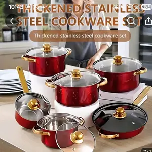 Thickened Stainless Steel Cookware Set 12 Piece Nonstick Pots and Pans Home Kitchen Cooking Red