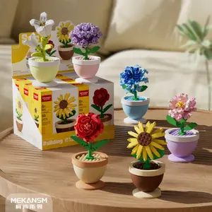 Sunflower Rose Potted Eternal Flower Ornament Children's Building Block Toy Couple DIY Bouquet Valentine's Day Gift