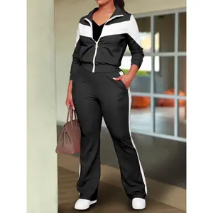 Spring and Autumn Women'S Suit Fashion Contrast Stitching Sports Style Zip-Up Jacket Casual Pants Two-Piece Set