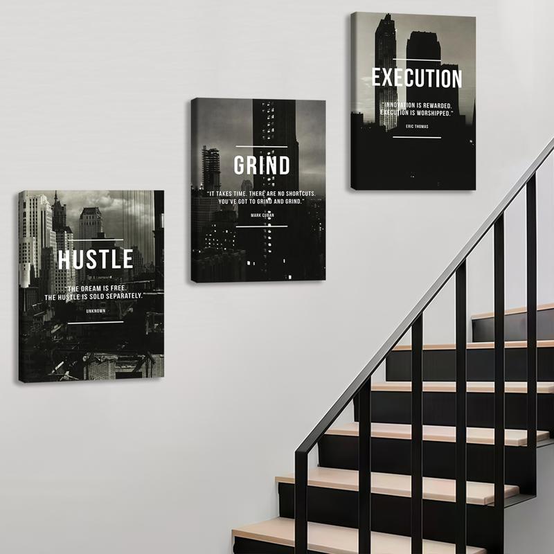 3Pcs Wooden Framed Canvas Painting, Black And White Cityscape With Motivational Quotes, Exquisite Poster, Home Decoration, Pattern Wall Art Decor, For Living Room, Bedroom, Office, Restaurant, Bar Wall Decor, Odorless, Painting, Print Artwork.