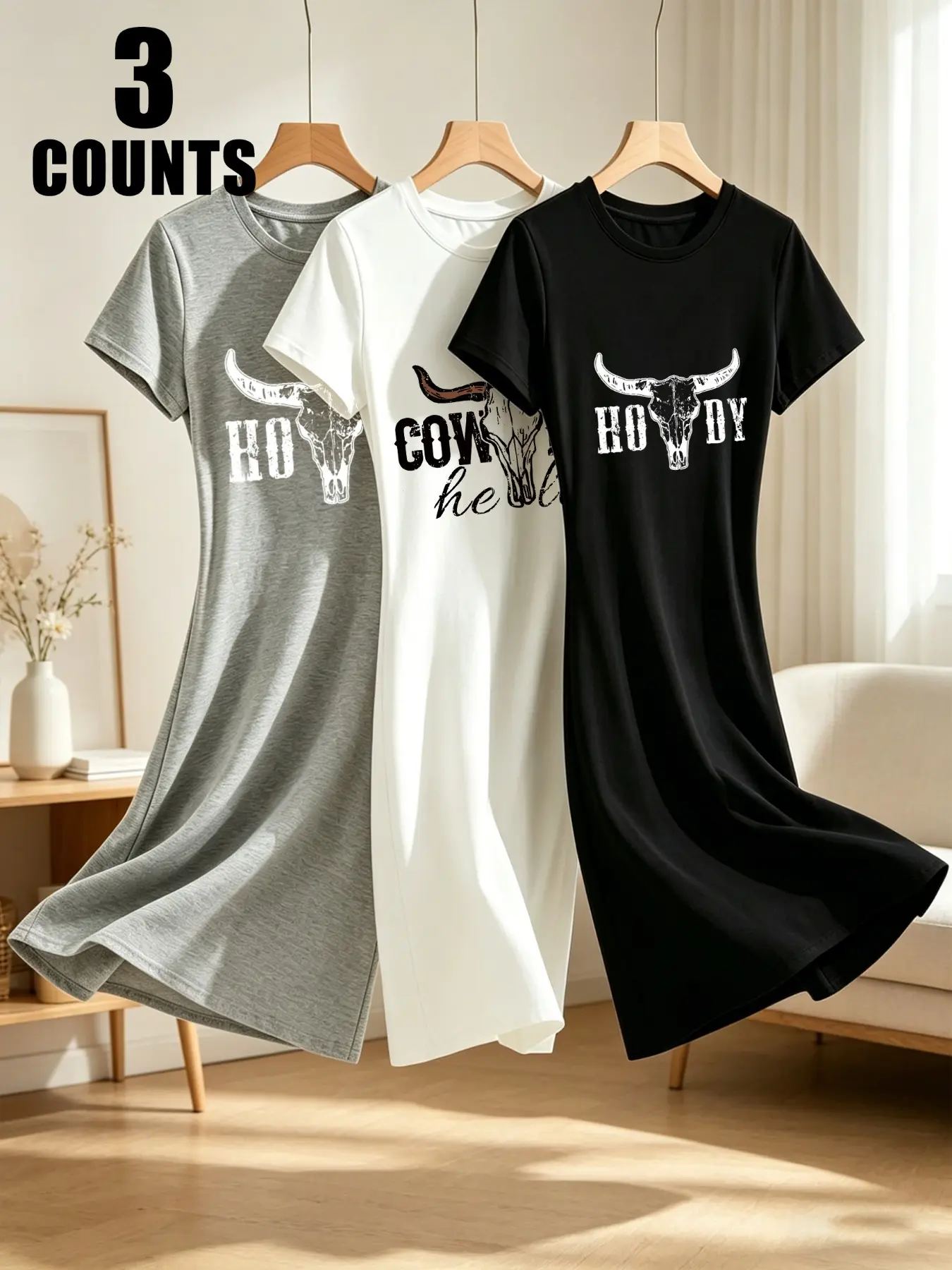 Western Style Cow Head Print T-Shirt Dress, Casual Loose-Fit Midi Dress, Summer Letter Print, Comfortable and Stylish, 3-Pack