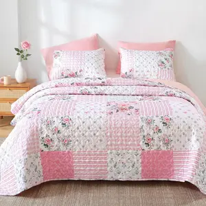 Floral Quilt Set Queen Size – Ultra Soft Lightweight Bedspread, 3 Piece Pink Bedding Set (90"x90") with Pillowcases (20"*26"), All Season Coverlet for Bedroom & Guest Room