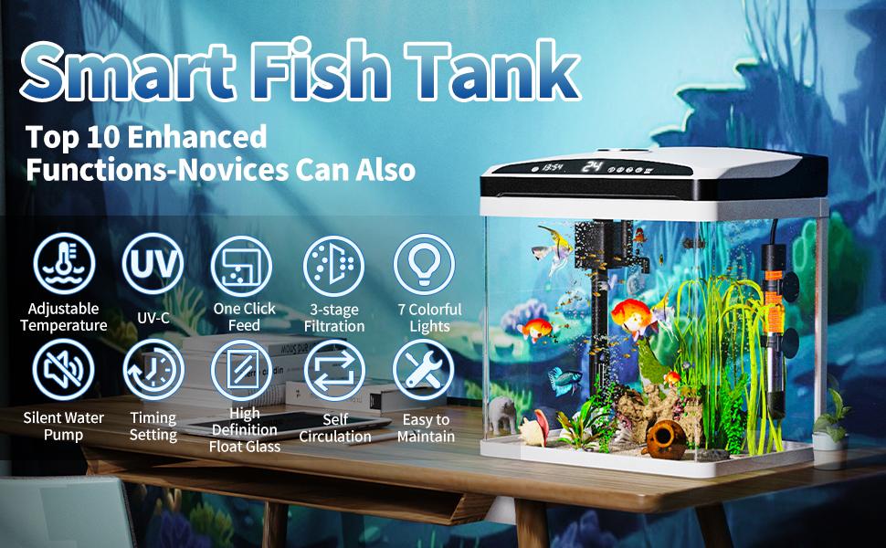 3 Gallon Fish Tank, Small Smart Aquarium with Filter, 7 LED Light,Temperature Display Suitable for Betta, Shrimp, Goldfish,Guppy Small Fish with Fish Net