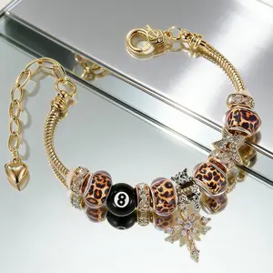 2026New Women's Elegant Leopard Print Stainless Steel Charm Bead Pendant Bracelet Black No.8 Trendy Exquisite Bracelet Fashion Accessories for Daily and Party Looks Perfect Surprise Gift for Birthday Special Holiday Unique Design Girlfriends