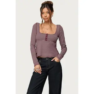 Sare Striped Babydoll Henley Top