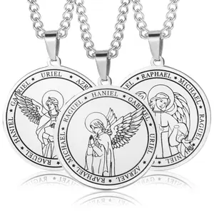 Seven Angels Pendant Round Necklace Men's and Women's Round Angel Wings Medal Letter Necklace Gift