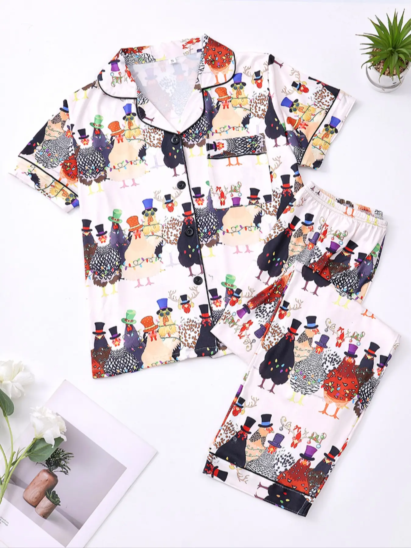 Women's Full Body Rooster Cartoon Print Pajama Set, Fitted Button Front Short Sleeve Top and Comfortable Elastic Waist Pants, All Seasons Sleepwear Loungewear, Homewear, Pjs, Pajamas Sets