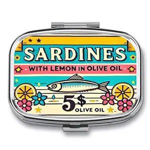 Vintage Sardine Lemon Pill Case, Double Compartment Travel Organiser with Mirror, Retro Coastal Design Portable Pill Box for Purse, Vitamin Organizer