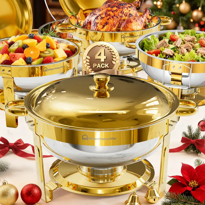 [Fall Deals For You] WARMOUNTS 5QT Round Rose Gold Bakeware Chafing Dishes 4-Pack - Stackable, Mirror-Polish Look, Glass-Stainless Steel Lid, Lid Holder, Rolled Rim, Gold*4, 5QT Main Course Hold, Warm or Chill Buffet Warmers for Weddings (5+ Guests)