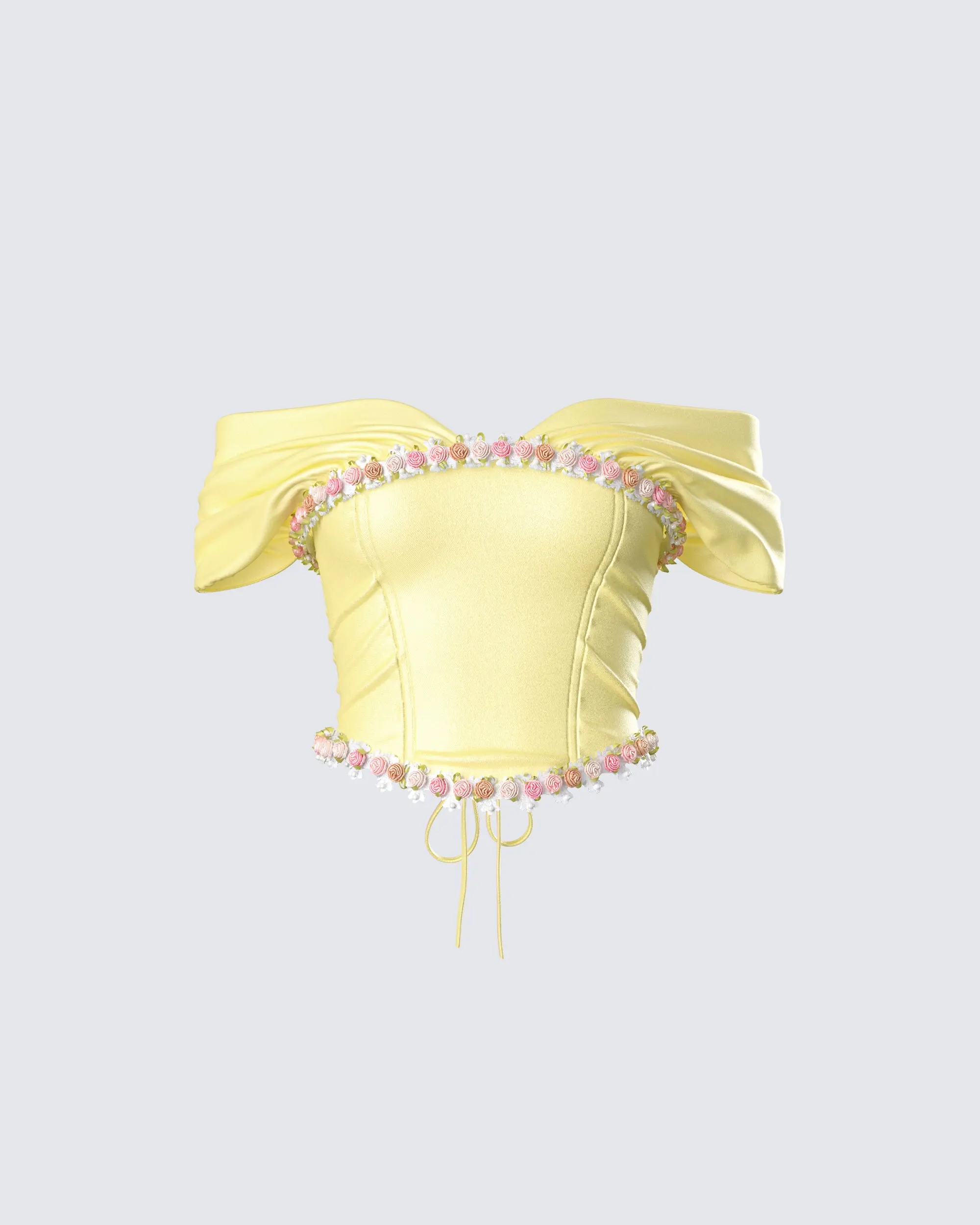 Women's Fitted Yellow Satin Corset Crop Top - Asymmetric Off-Shoulder Neckline, Floral Trim, Lace-Up Back, Draped Evening Blouse