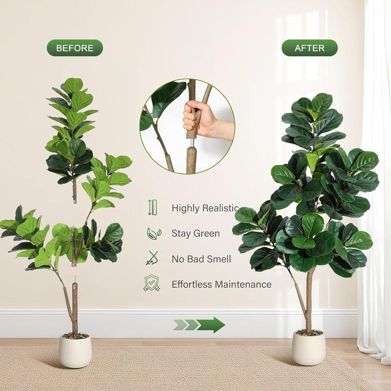【Christmas Gift】5FT Fiddle Leaf Fig Tree Artificial with 77 Leaves Realistic Faux Ficus Lyrata Trees in 7.8 inch White Planter Pot Indoor Fake Floor Plants for Home Office Living Room Decor Housewarming Gift Decorative Fruit Wood Hand