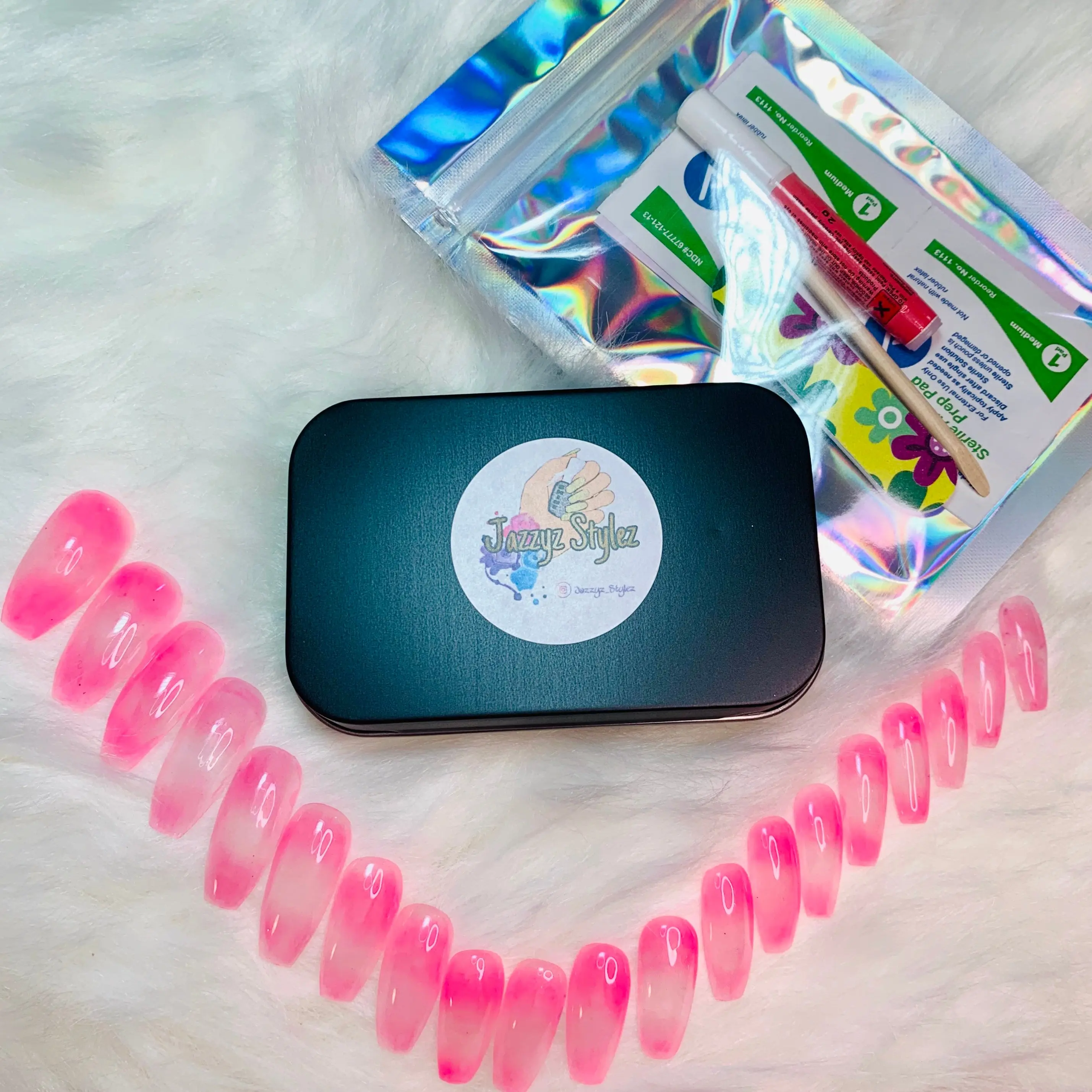 Jazzyz Stylez 20 Piece Pink Glow Acrylic Coffin Press On Nails Blacklight Reactive Full Set with Reusable Tin and Prep Kit for Custom Look