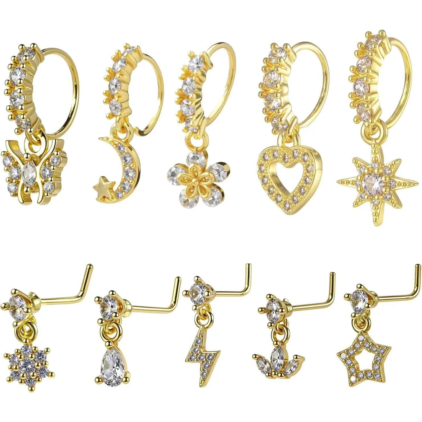 10 count Dangle Nose Ring Hoop 20g Cz Nose Rings with Charm L Shaped Dangling Noses Stud Indian Piercing Jewelry For Women