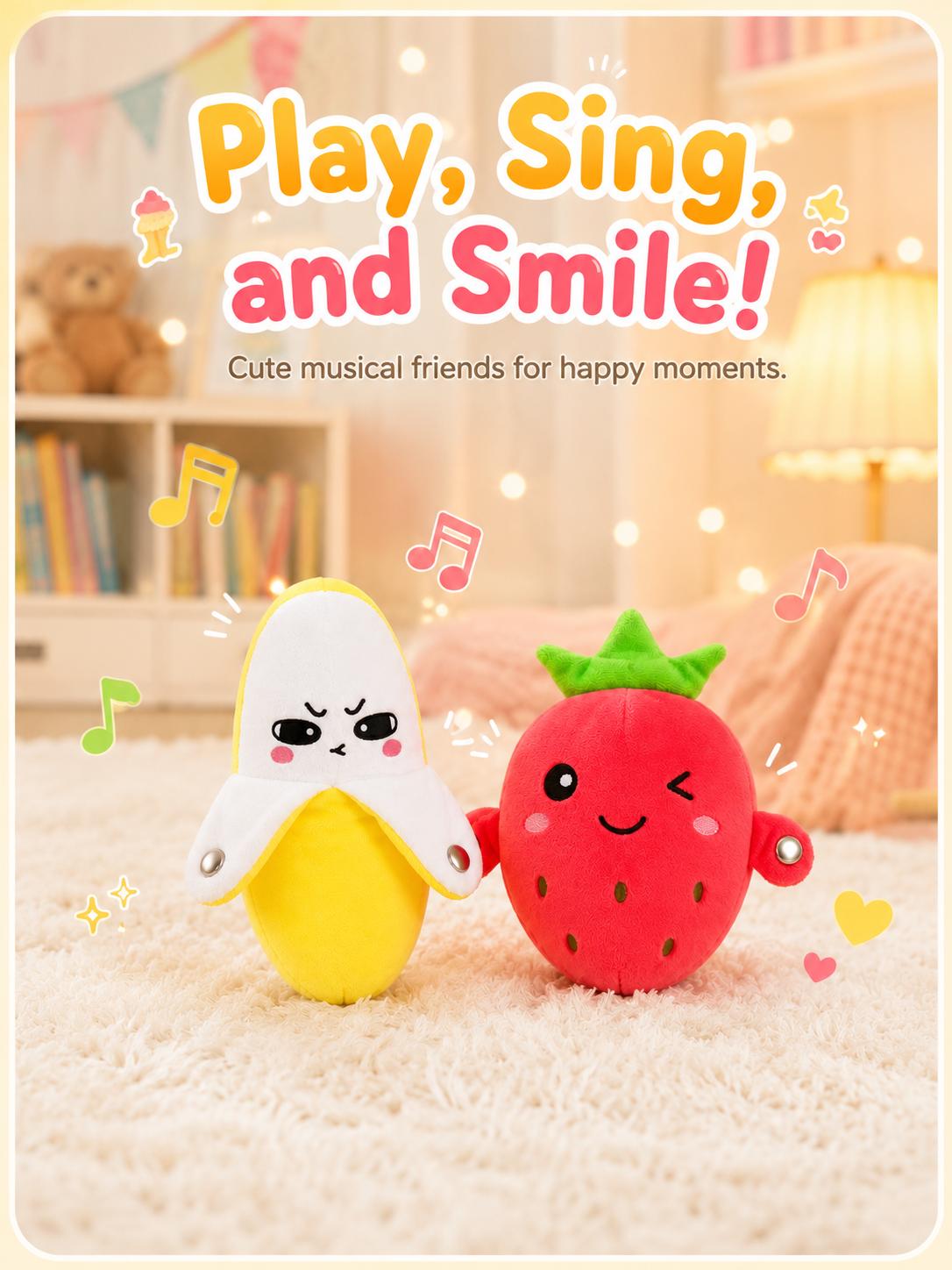 Soft Plush Interactive Musical Fruit Shapes Stuffed Toy (Banana/Strawberry) for Ages 3+, Tactile Play, Touch Sensors, 15 Built-In Songs, 2-Player Mode Parent-Child Interaction, Free Rechargeable AA Starter Kit (Batteries+Mini Screwdriver), 22x9.5x20cm, Tw