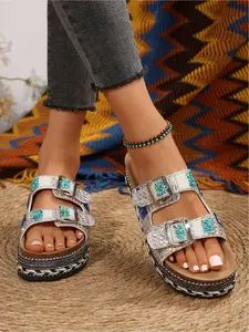 Women's Boho Rhinestone Open Toe Platform Slide Sandals Vacation Style Outdoor Wedge Slippers