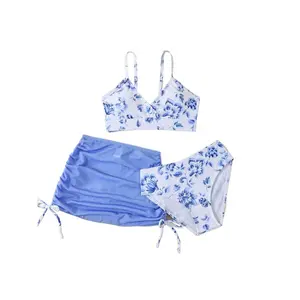 New Style Triangle Bikini Set for Big Kids and Teens: Top with Straps, High-Waisted Bottoms, and Sun-Protective Beach Skirt