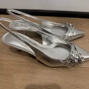 Silver Slingback Pointed-Toe Heels With Embellished Straps - Elegant Design Shoes
