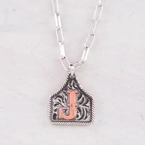 Initial Western Etched Ear Tag - Simple Design with Silver Chain - Featuring your initial