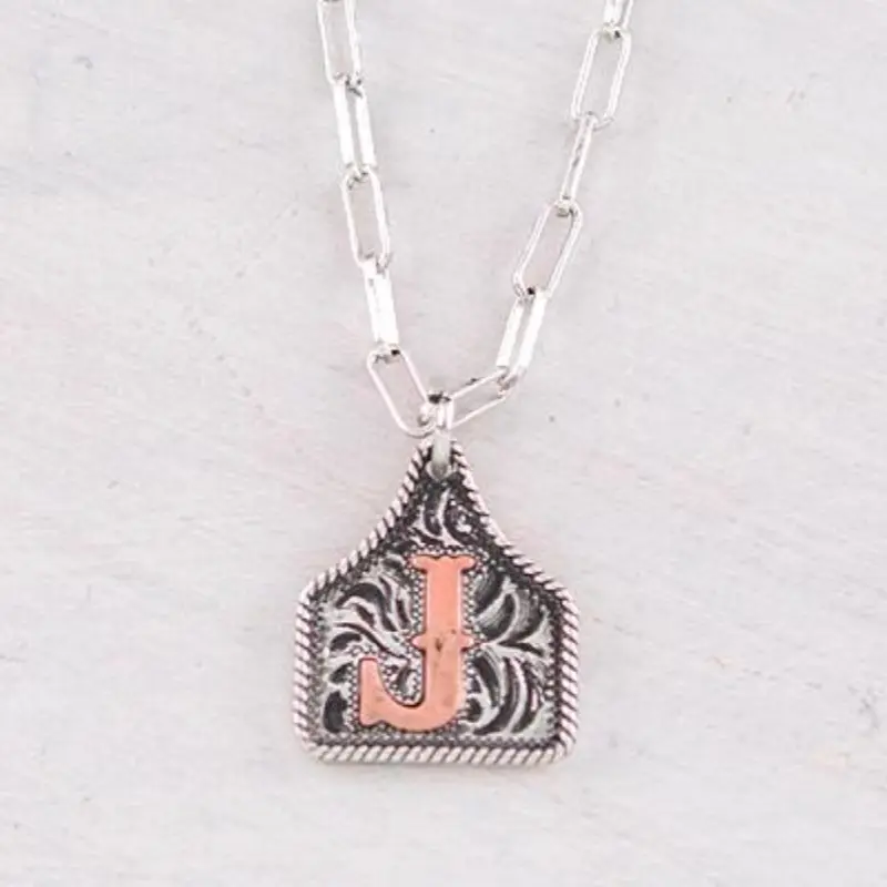Initial Western Etched Ear Tag - Simple Design with Silver Chain - Featuring your initial