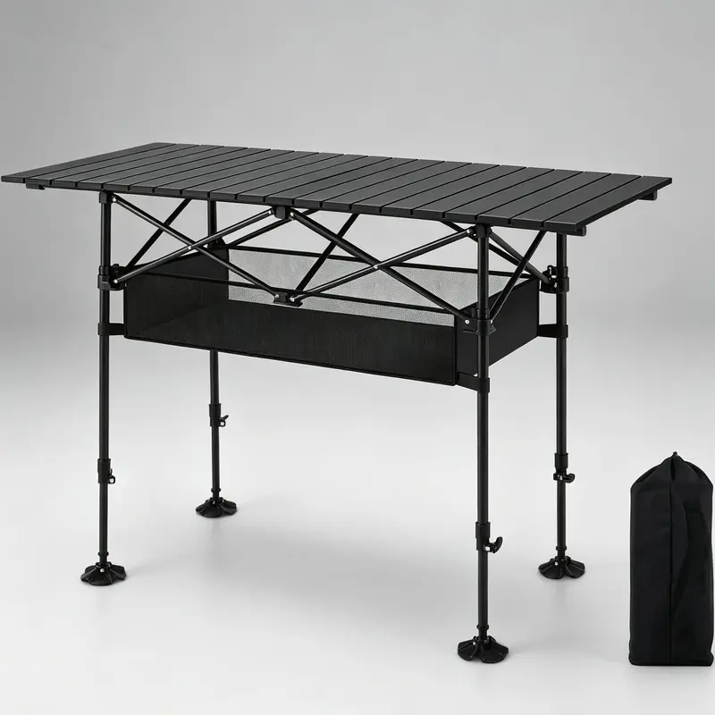 AORAN Portable Folding Outdoor Picnic Table, Heavy Duty Steel Frame Ultra Light Compact Foldable Table with Large Storage Mesh Basket, Detachable Design for Beach, Camping, Travel, Backyard Barbecue & Picnics