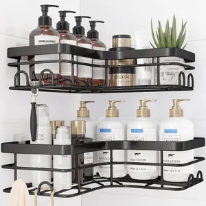 Corner Shower  - 2 Pack, Adhesive Shower Organizers, Rustproof Stainless Steel Shower Shelves with 8 Hooks, No Drilling Bathroom Organizers and Storage Racks, Space-Saving, Black, X-Large