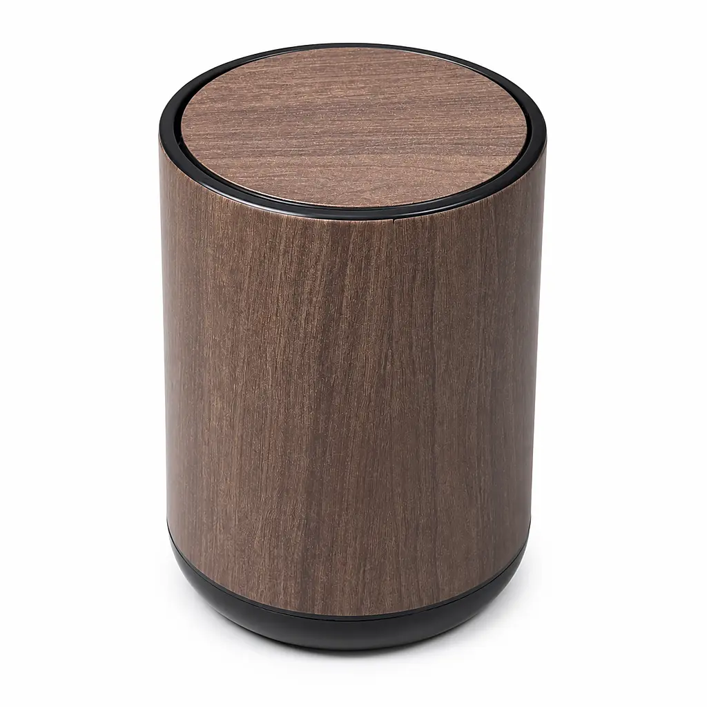 Wood Grain Round Swing Lid Trash Can, Aesthetic Small Decorative Waste Basket, Odor Block Vintage Garbage Bin for Bathroom Vanity, Bedroom, Kitchen Countertop, Apartment Home Decor good helper