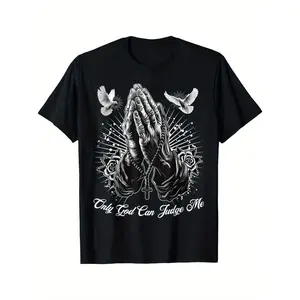 "Only God Can Judge Me" Prayer Hands Chicano Tee T-Shirt for Men, Tattoo Doves Graphic, Breathable Elastic Cotton, Regular Fit, Machine Washable, Casual Daily & Outdoor Spring Summer Wear