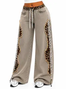 Flooo Women's  Patchwork Wide Leg Jeans – High Waist Baggy Denim Pants with Side Stripe Streetwear