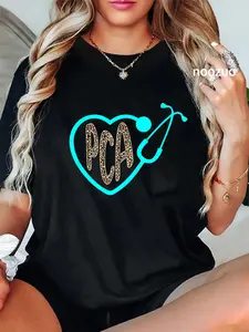 100% Cotton PCA Patient Care Assistant Heart Leopard Nurse Week T-Shirt