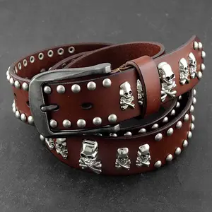 Skull Studded Rivet Genuine Leather Punk Rock Belt Mens Waistband Brown/black