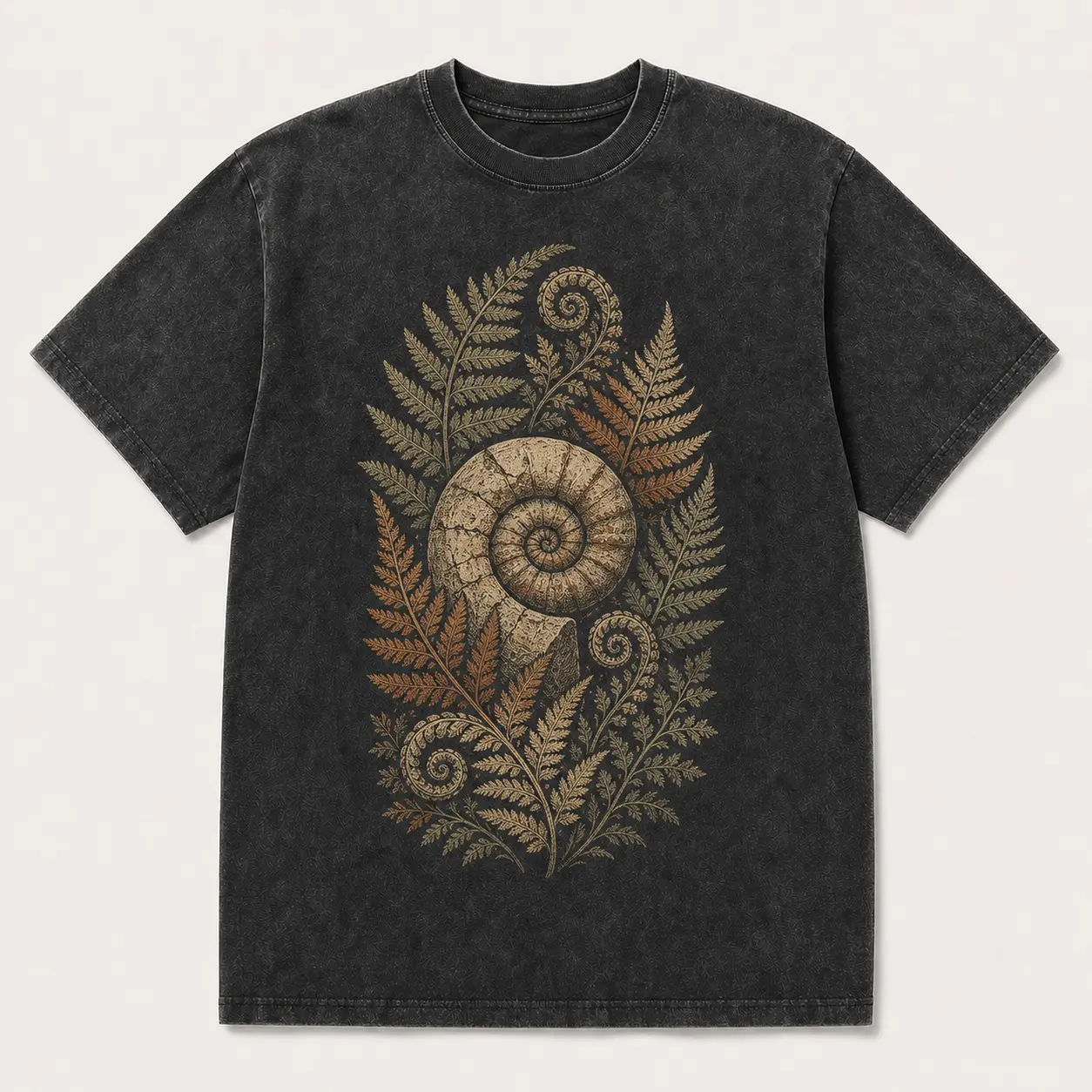 Men's Original Fossil Fern Spiral Graphic Washed 100% Cotton Crew Neck Short Sleeve Casual Top, Vintage Black Menswear Tee, Shortsleeve