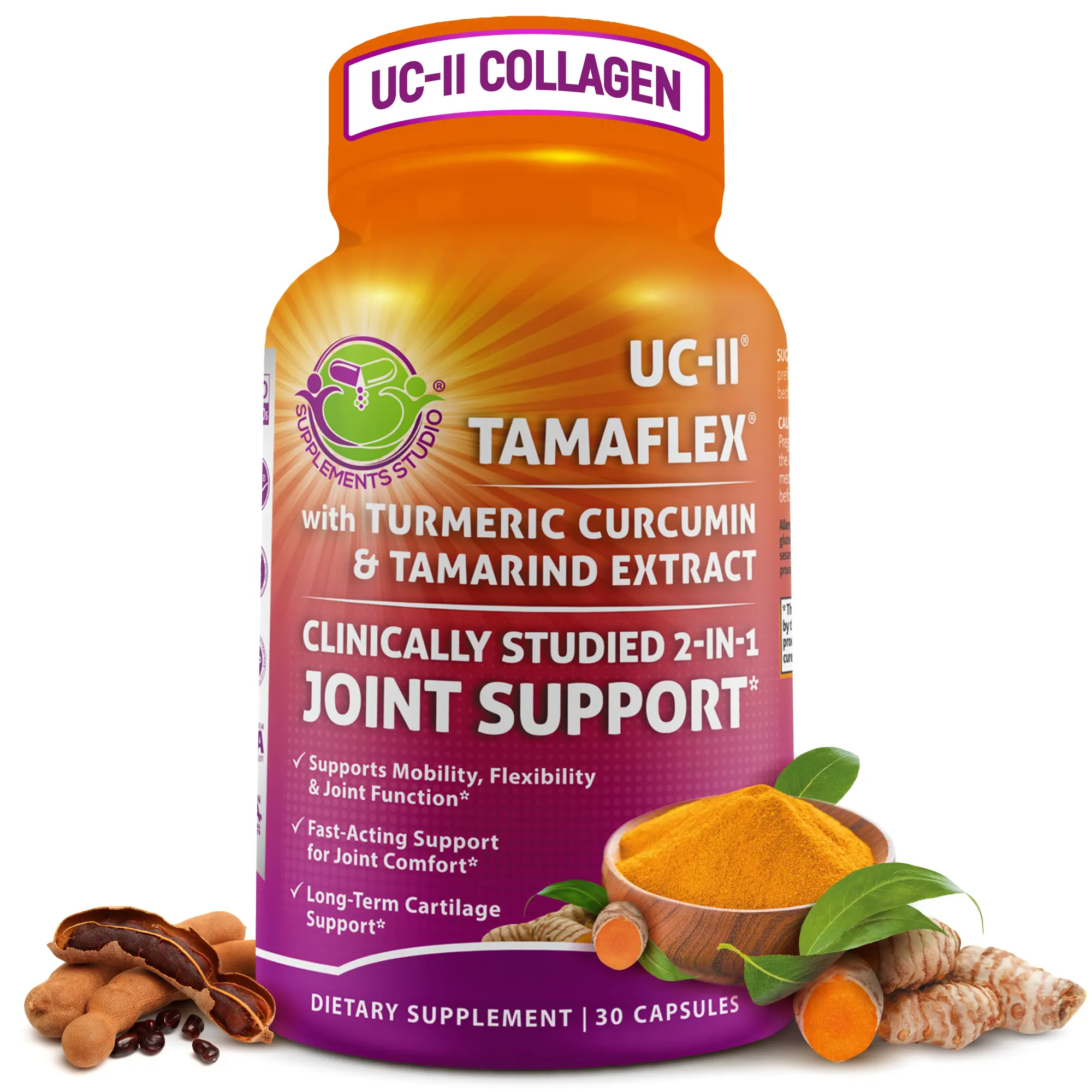 SUPPLEMENTS STUDIO Joint Support Supplement - UC-II Collagen & TamaFlex (Turmeric + Tamarind) - Supports Mobility, Flexibility & Cartilage Health - Glucosamine-Free - Easy to Swallow
