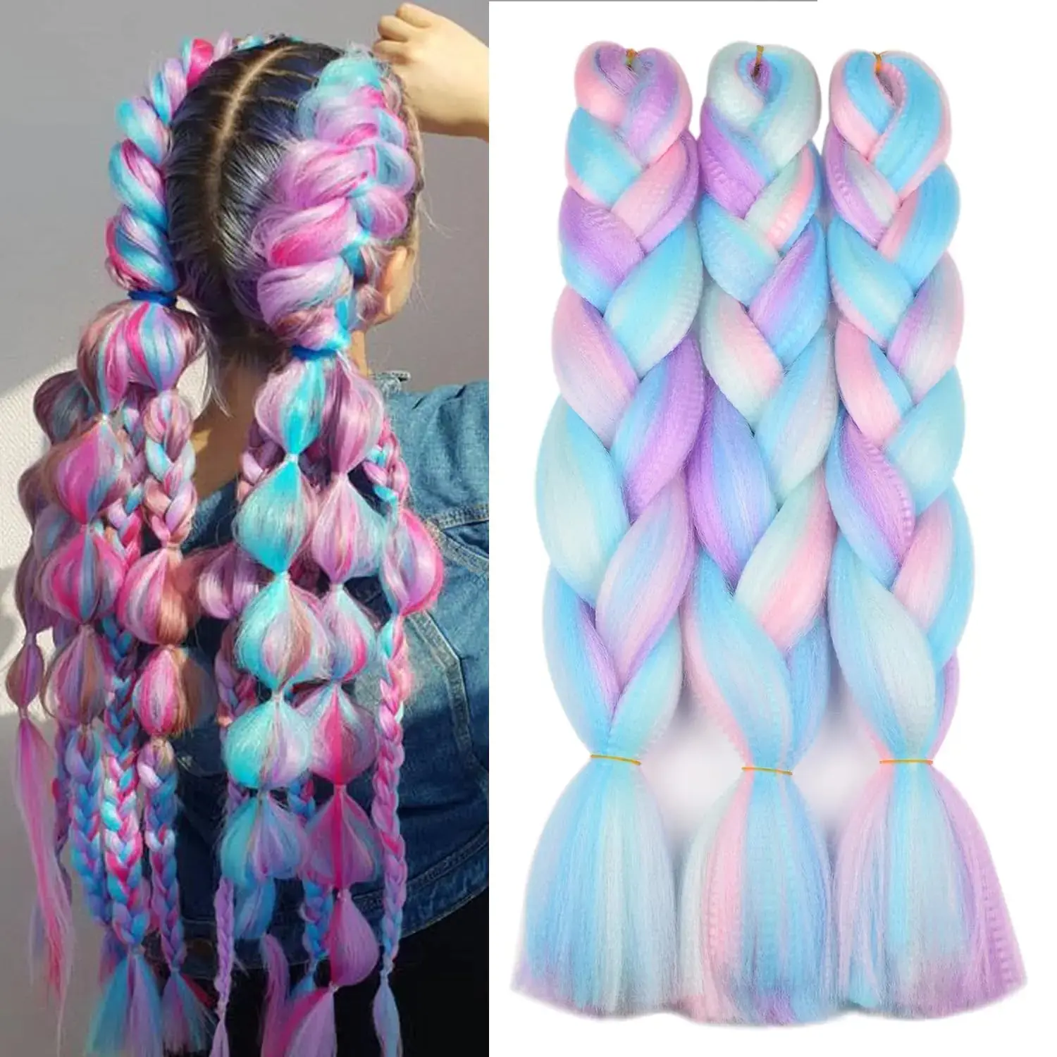 BACANA Ombre Braiding Hair Rainbow Color 3Packs 24 Inches Jumbo Braiding Hair Supplies Synthetic Hair for Braiding 3Tone Ombre Color Braiding Hair Real Soft (Mix Macaron Color)