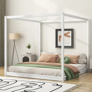 King Size Canopy Bed Frame, Wood King Platform Floor Bed with Slat Support, 4 Posters King Bed Frame, No Box Spring Needed